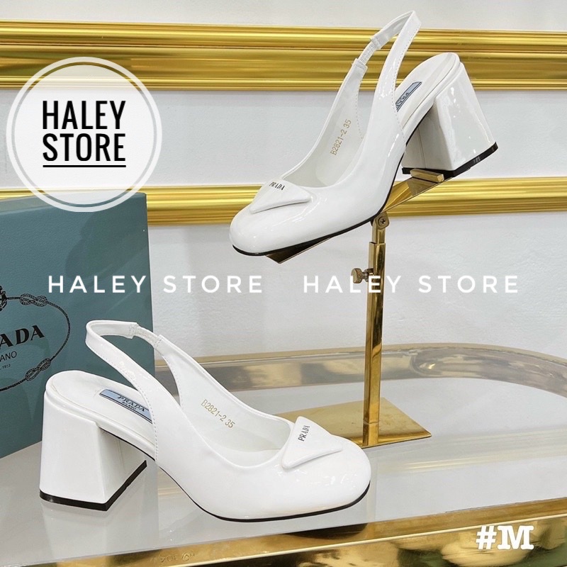 Giày cao gót 7cm bít mũi HALEY STORE sandal prad.a da bóng gót vuông tiểu thư sang trọng rẻ bền đẹp hot