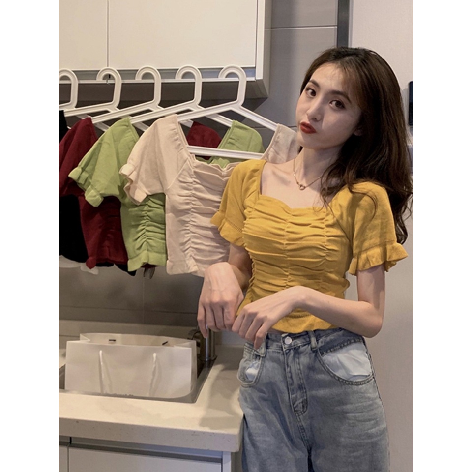 Áo len tăm nữ cổ vuông chun ngực, áo len croptop phong cách vintage