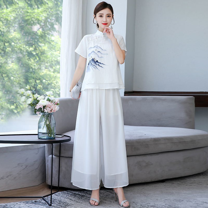 Đĩa đơn hoặc bộ đồ nữ Hanfu nút giả vải lanh phía trên Quần ống rộng voan Dịch vụ trà thêu phong cách Trung QuốcZZ