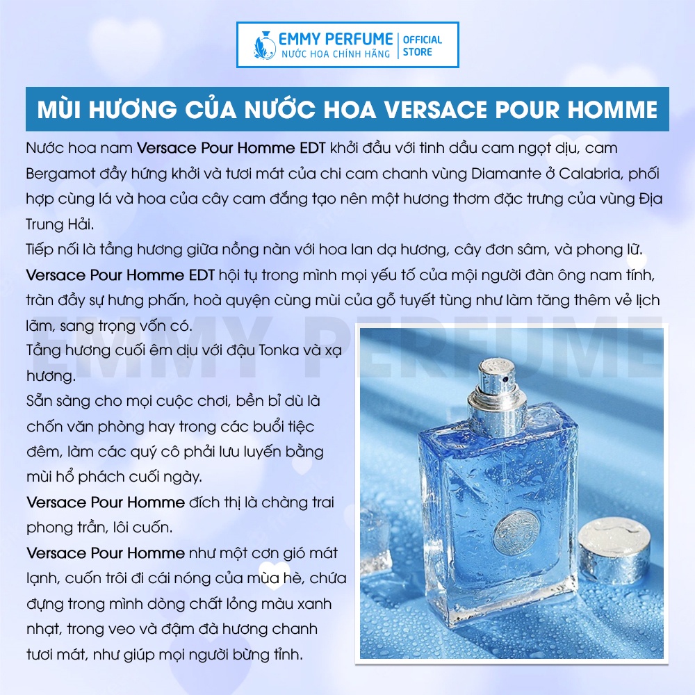 Nước hoa Nam Versace Pour Homme EDT thơm lưu hương lâu - Chính hãng - Nam tính, Quyến rũ, Nổi bật EmmyPer