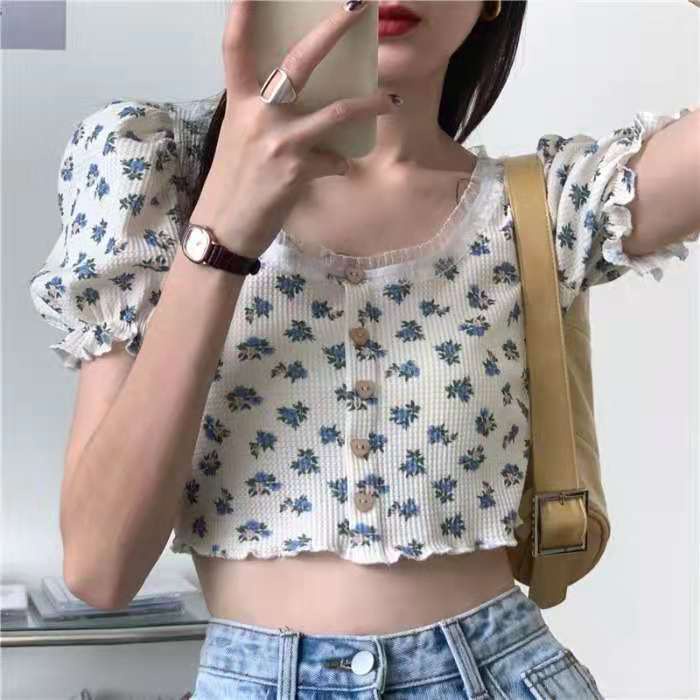 Áo Thun Tay Ngắn Phồng Phối Ren Hoa Thời Trang Mùa Hè Quyến Rũ Cho Nữ