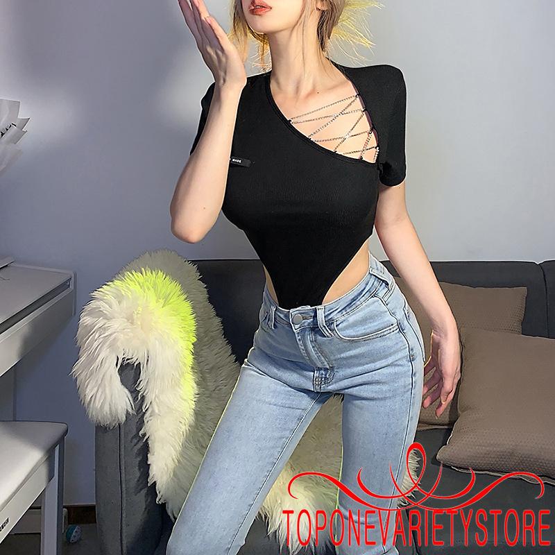TOPQ-Women Hollow Out Short Sleeve Cross Metal Chain One-Piece Leotard Korean Style Bodysuits | BigBuy360 - bigbuy360.vn