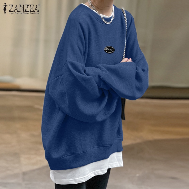 Áo sweater ZANZEA màu trơn dáng rộng cổ chữ O phong cách giản dị thời trang đường phố cho nữ