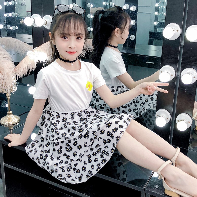 Set "ÁO + VÁY HOA CÚC" nhí 14-45kg cho bé gái từ 4-14 tuổi. Áo cotton, thoáng mát. Váy cao cấp, xịn sò. G16