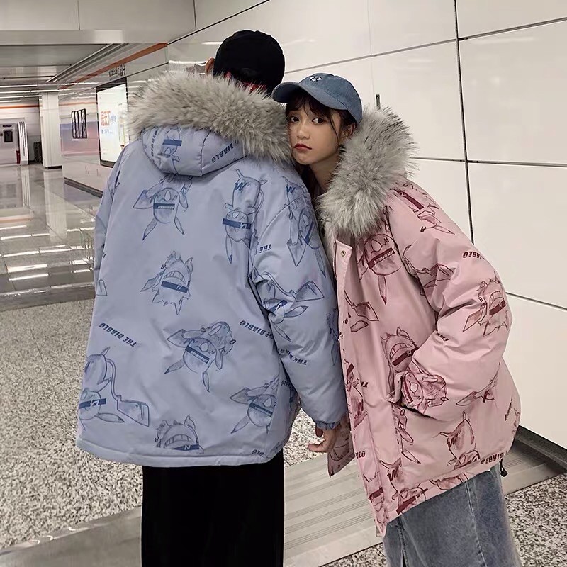 Áo khoác phao đôi couple oversize form rộng mũ lông Ulzzang unisex hoạ tiết siêu cute ❤️