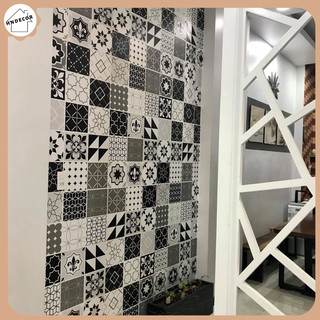 Decal gạch bông dán tường - Decan PVC dán bếp trắng đen vintage - Khổ dài 1m x rộng 60cm - HN Decor