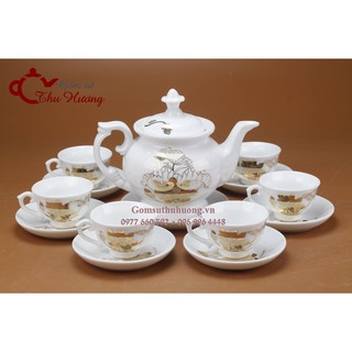 Bộ ấm chén Bát Tràng_Bộ bình trà Phú Quý sen khóm vàng kim