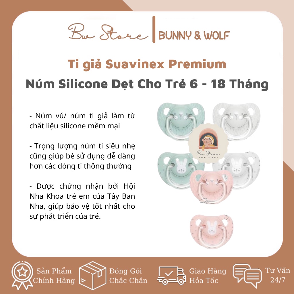 Ti giả Suavinex Premium 2021 - Núm Silicone Dẹt - 6-18 tháng