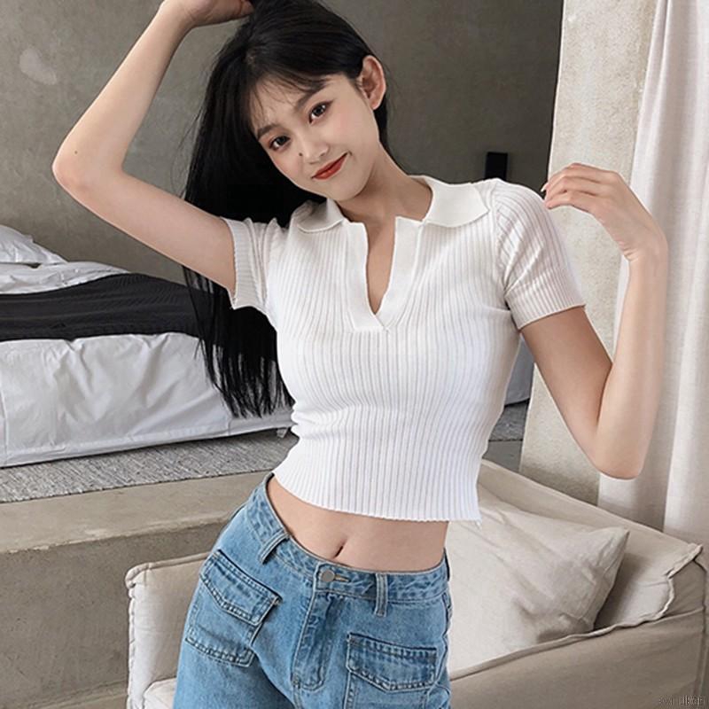 Áo Croptop Dệt Kim Tay Ngắn Cổ Bẻ Thiết Kế Màu Trơn Thanh Lịch