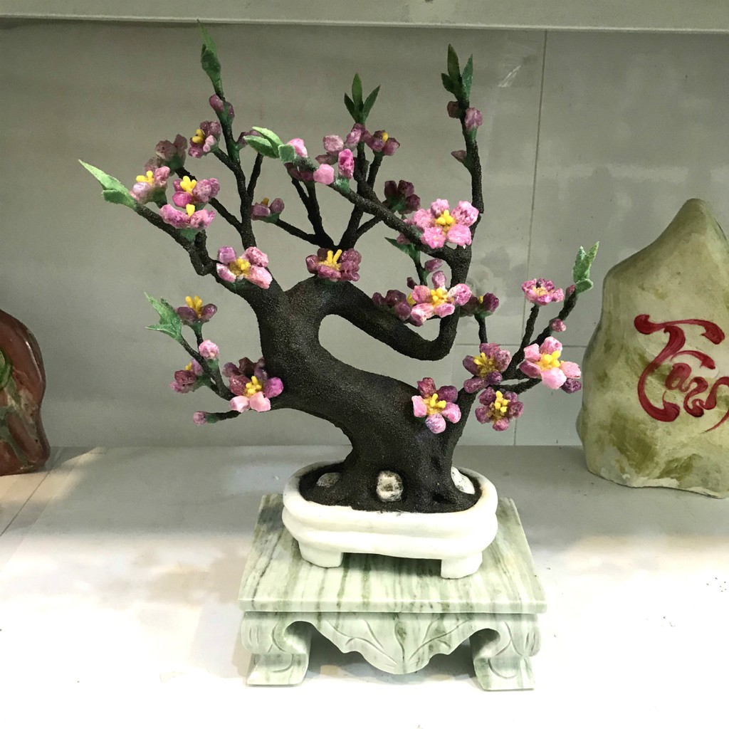 Cây hoa đào bonsai bằng đá ru by cho Tết vĩnh cửu