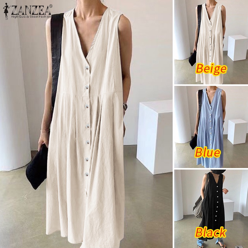 Đầm dài ZANZEA không tay cổ chữ V thời trang cho nữ
