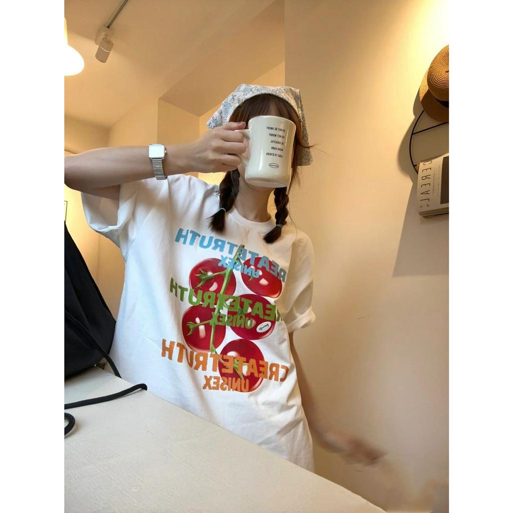 「 WELOVE1 」Áo Thun Cotton Tay Ngắn Cổ Tròn In Hình Quả Cà Chua Phong Cách Hàn Quốc Thời Trang Mùa Hè Hàng Mới Dành Cho Bạn Nữ