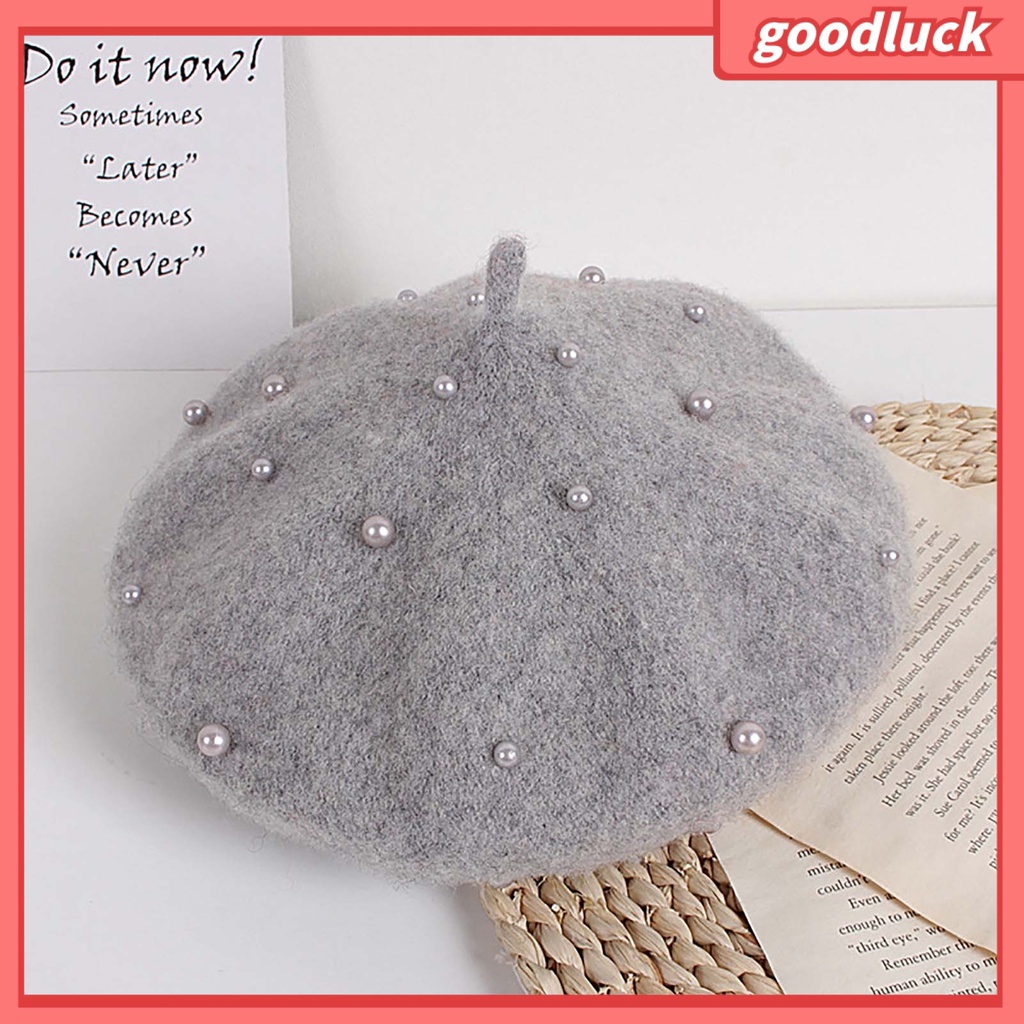 Mũ Beret Vải Lông Cừu Đính Ngọc Trai Màu Trơn Cổ Điển Giữ Ấm Thời Trang Cho Bé Gái
