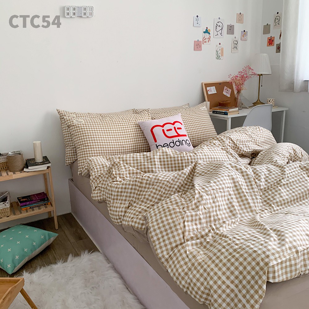 Bộ chăn ga gối REE Bedding CTC54 Cotton TC caro nâu đủ size giường nệm