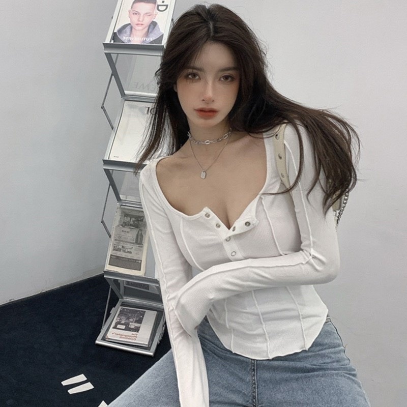 ÁO THUN GÂN TAY DÀI BẤM NÚT XINH ĐẸP