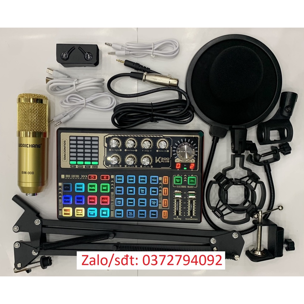 Mới 2022 trọn Bộ Hát Thu Âm Livestream Sound card K300 plus - BM900 Chân và màng lọc dây kết nối đầy đủ bảo hành 6 tháng