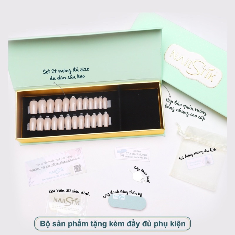 Bộ móng dán Nailstik màu đỏ, form móng coffin, dài, 142