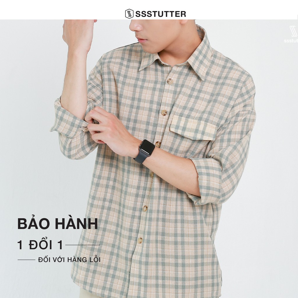 Áo sơ mi nam cổ đức dài tay SSSTUTTER hoạ tiết kẻ ô hàn quốc flan shirt