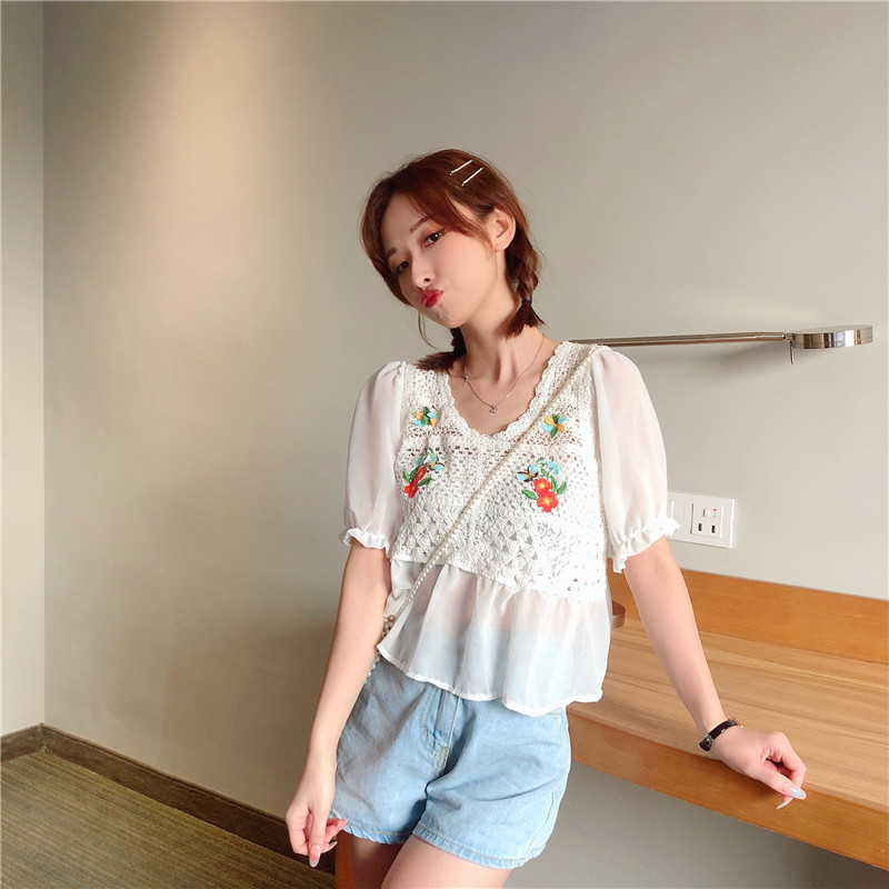 SUXI Áo Kiểu Chất Chiffon Tay Ngắn Hoạ Tiết Hoa Thời Trang Mùa Hè