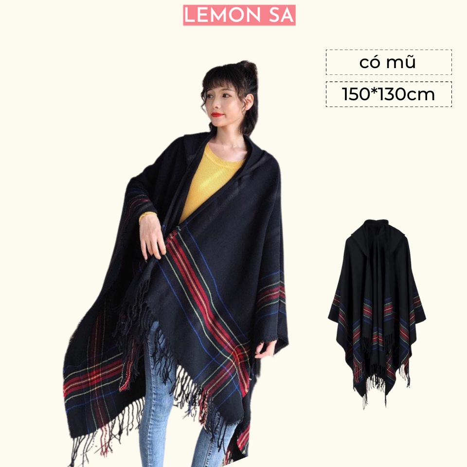 Áo choàng len mùa đông ấm màu đen có mũ size 150*130cm - Mã LE27