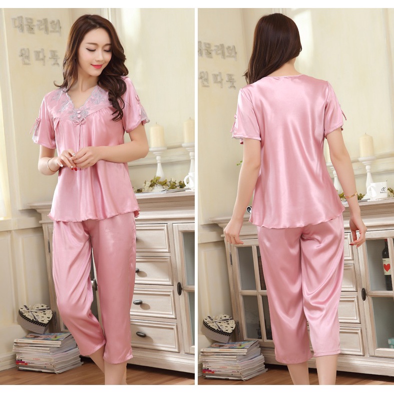 BN1659 Bộ mặc nhà nữ hè áo và quần lửng chất lụa hàng nhập