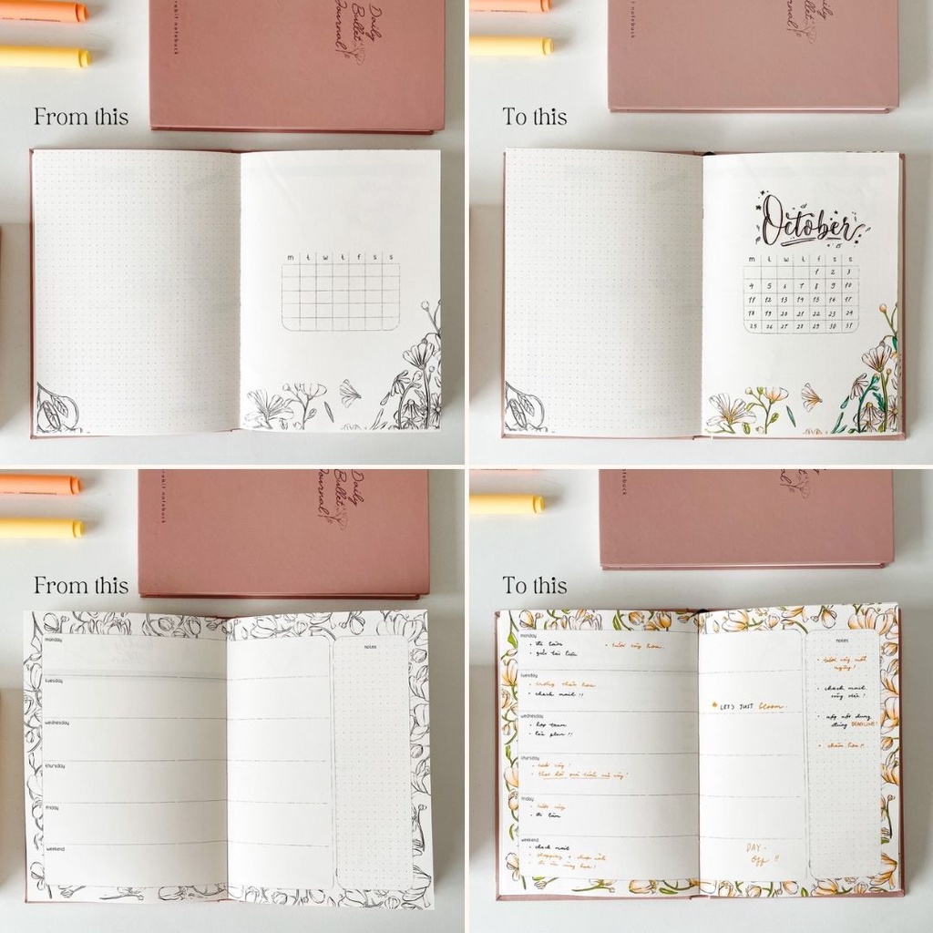 Combo Sổ Crabit Joyful Daily Bullet Journal + 1 Bút Kaco - Sổ trang trí in sẵn layout bullet journal đơn sắc 12 tháng