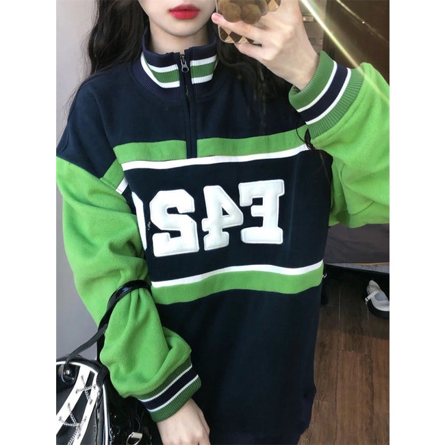Design sense half zipper pullover women's sweater spring 2022 loose casual mid-length bf Tide brand long sleeve top