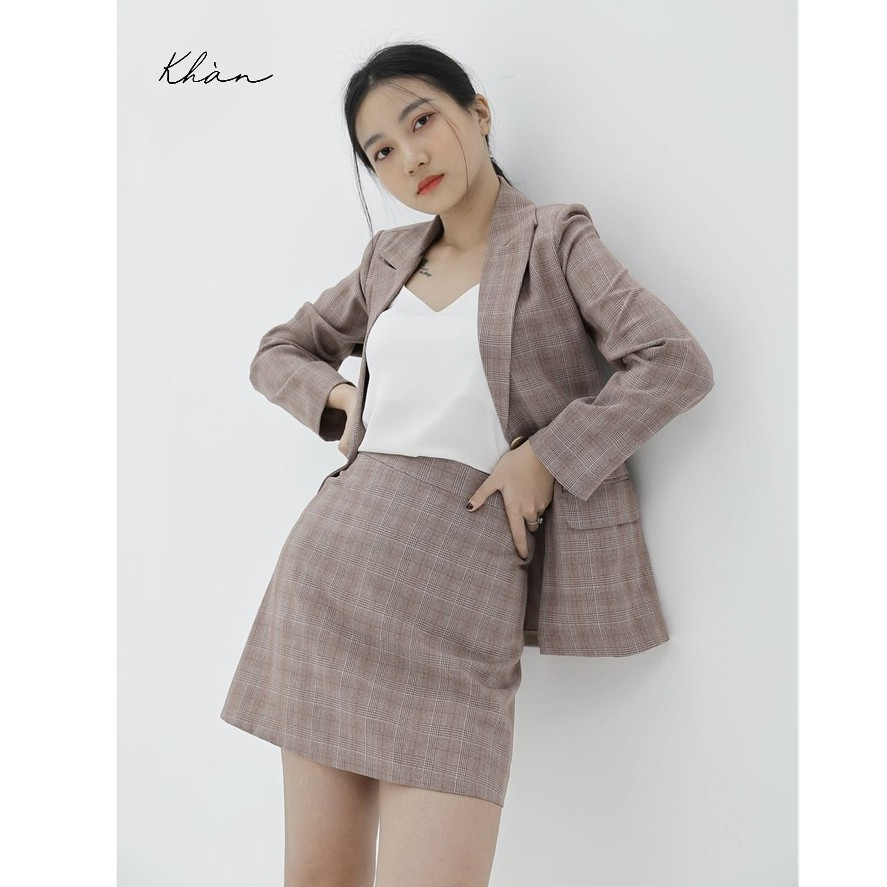 Áo vest nữ blazer KHÀN họa tiết caro nâu áo khoác công sở tay dài 1 lớp phong cách Hàn Quốc