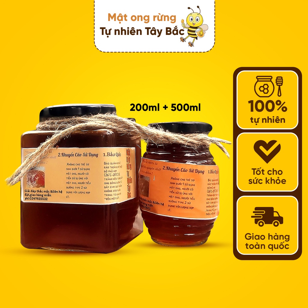 Combo mật ong rừng Tây Bắc nguyên chất chai 200ml & 500ml giúp bổ sung sức khoẻ, ngăn ngừa trào ngược dạ dày