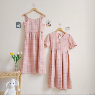 Váy bạn thân caro dáng dài màu hồng, xanh