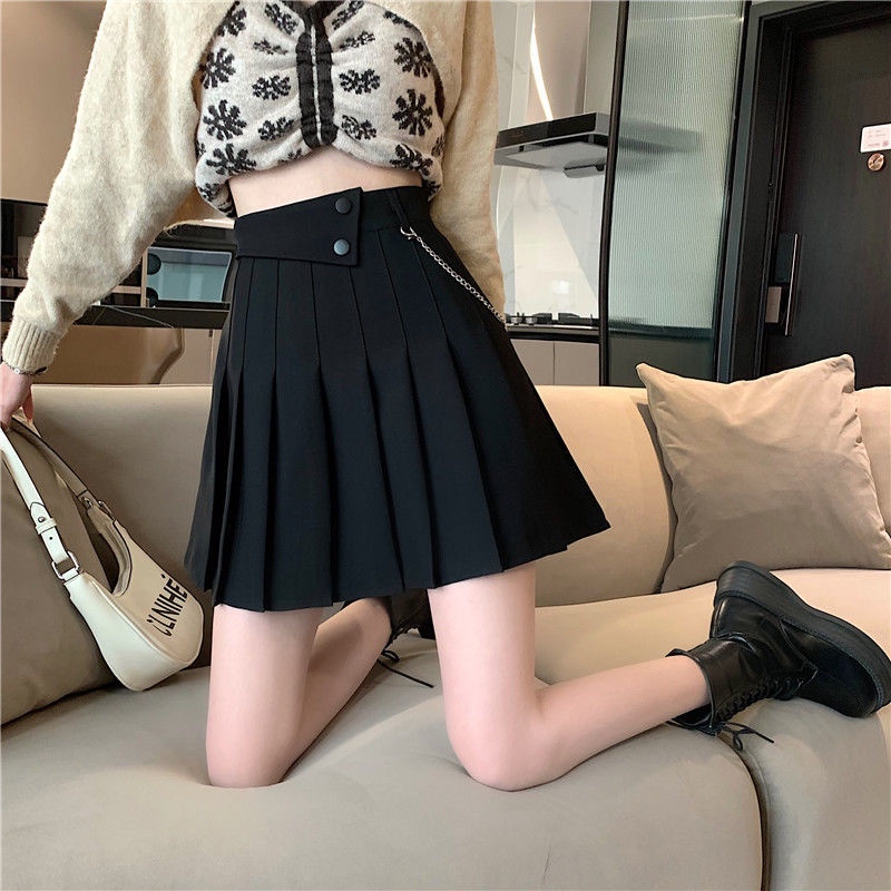 Chân váy RENJIANVSHENG 164714 xếp ly cạp cao dáng chữ A màu trơn phong cách Hàn Quốc thời trang