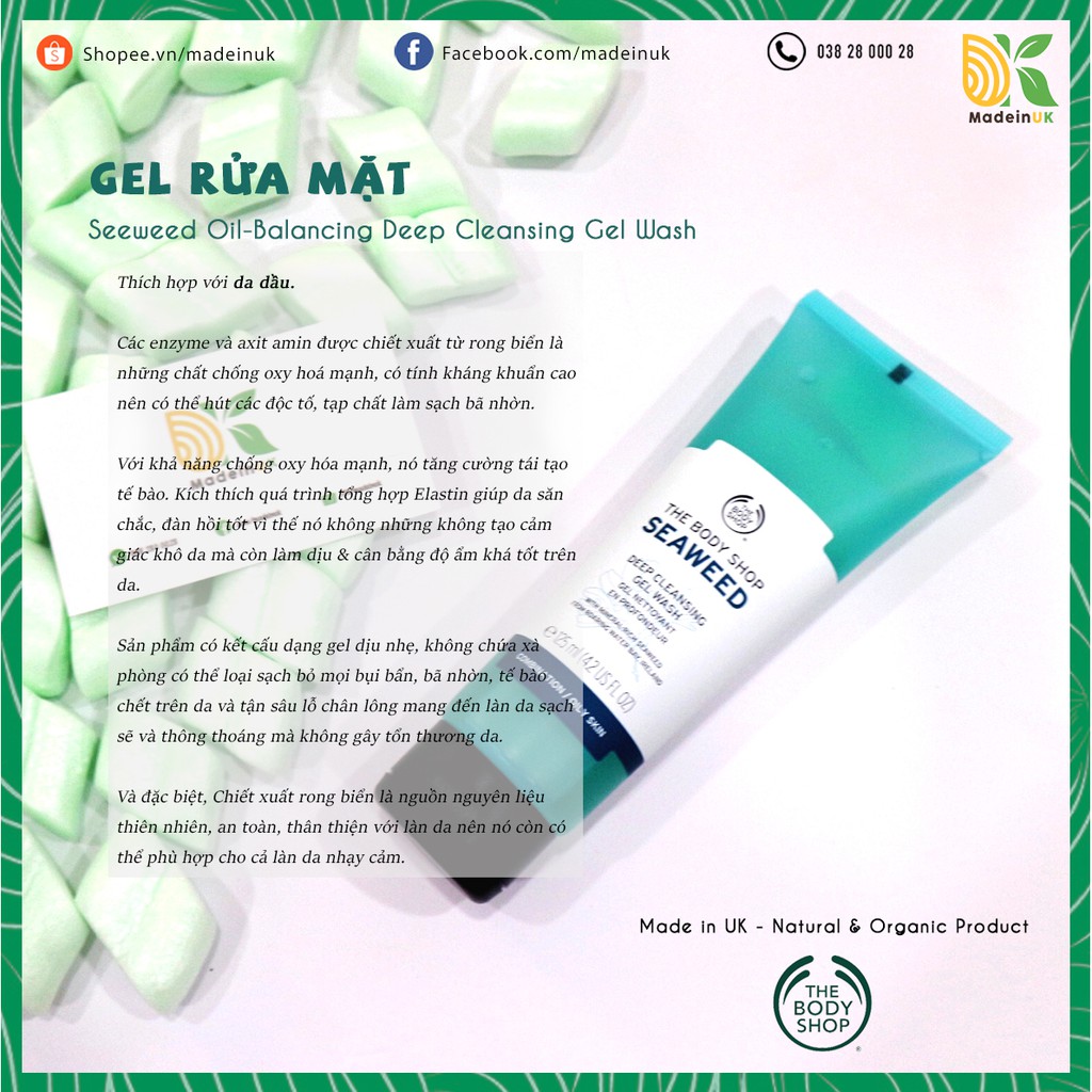 Gel rửa mặt The Body Shop Seaweed Deep Cleansing 125ml Kiềm Dầu, Làm Sạch Da