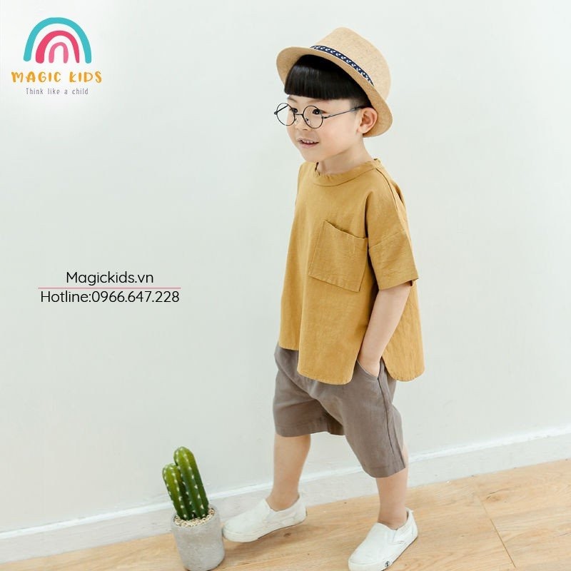 Bộ quần áo cộc vải đũi có túi ngực  phong cách Hàn Quốc cho bé - MAGICKIDS