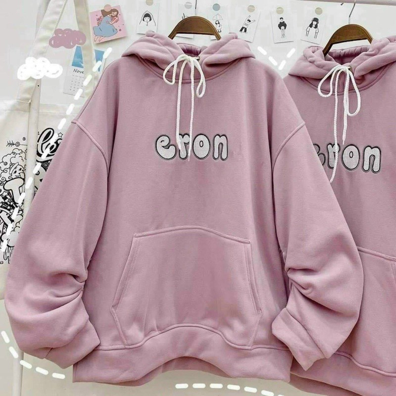 Áo Hoodie nữ tay phồng form rộng thêu chữ Eron có mũ chống nắng cực xịn