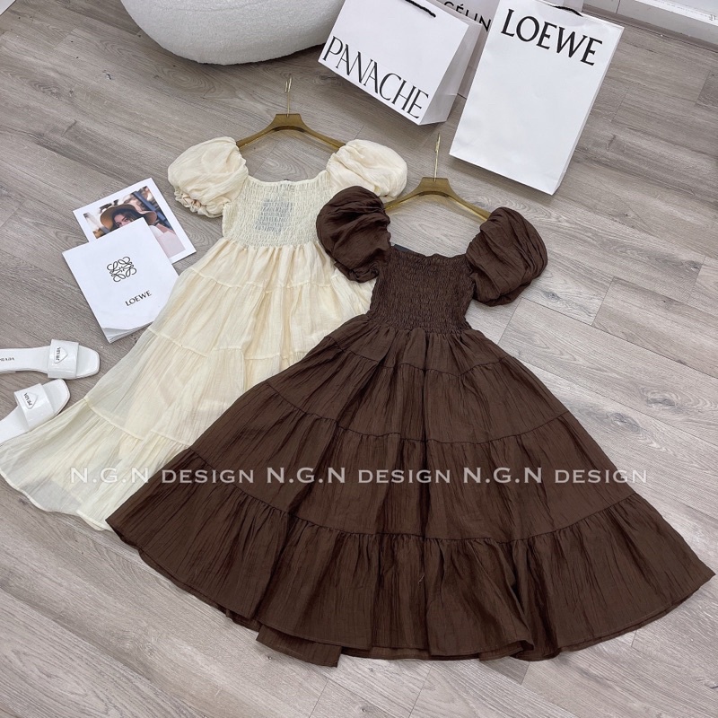 Váy maxi chun ngực tay bồng