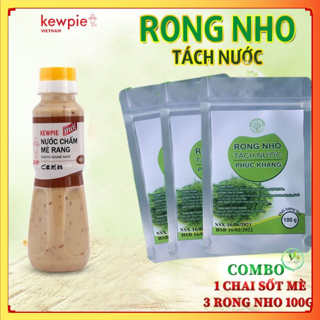 Rong nho tách nước [Combo 3 rong nho 100G / Kèm nước sốt mè rang kewpie chai 180ml ] Công nghệ tách nước nhật bản