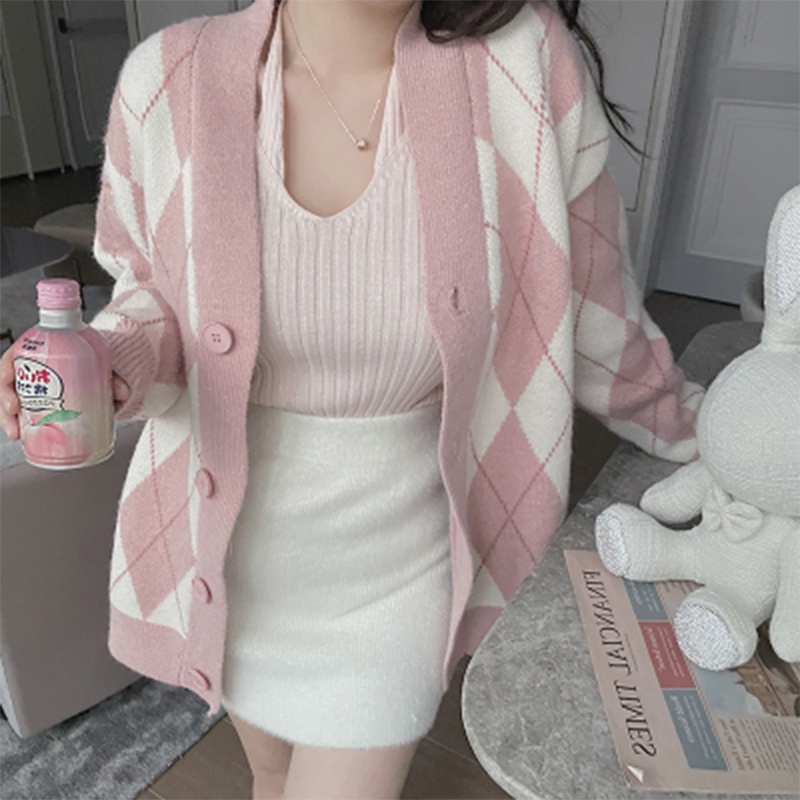 Áo khoác cardigan dệt kim họa tiết sọc caro phong cách Anh quốc thời trang cho nữ