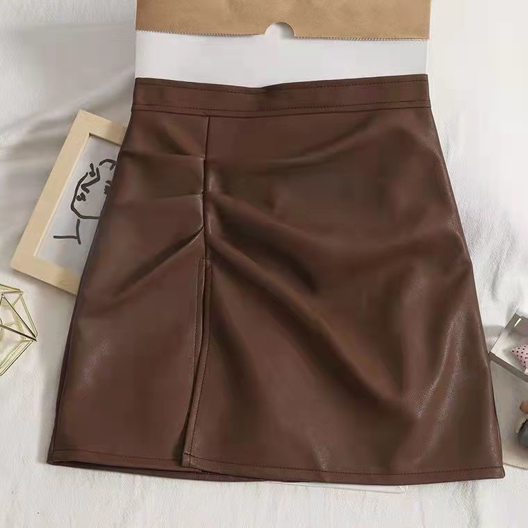 Chân váy chữ A lưng cao bằng da PU xẻ tà thời trang thu đông chất lượng cao