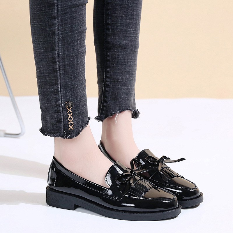 Giày búp bê IELGY bằng da đế bằng phối nơ cột đáng yêu cho nữ