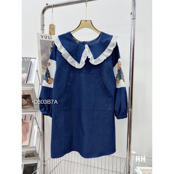 Đầm sơ mi Jeans Bebedoll ,Váy suông Bầu cổ bèo tay phồng họa tiết Gấu vải denim cao cấp