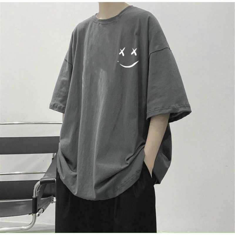 áo thun tay lỡ in hình mặt cười bên có 5 màu xanh/xám/đen/trắng/xanh dương