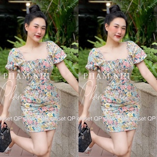 Váy thô hoa lá ôm body cổ vuông tay bồng buộc nơ ngực siêu xinh