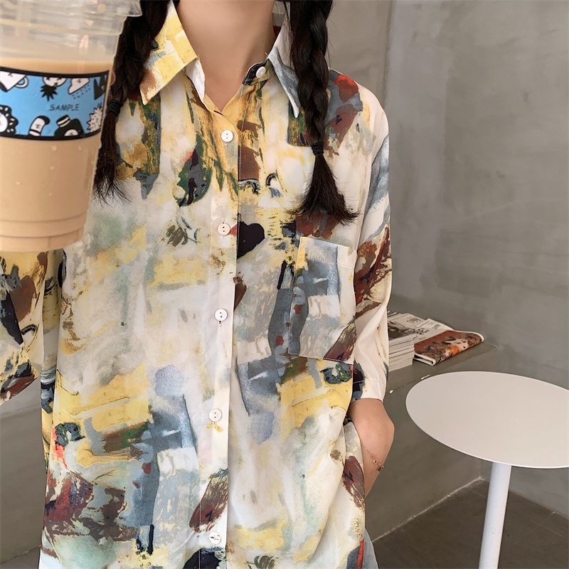 SUXI Áo Sơ Mi Tay Ngắn In Họa Tiết Phong Cách Retro Hàn Quốc