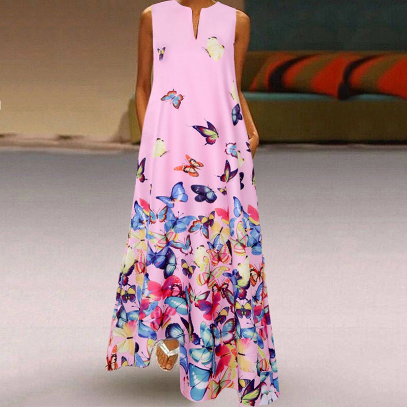 Summer Dress Sleeveless Butterfly Print Maxi Dresses Vintage Women Party Robe Beach Shirt Dress White S