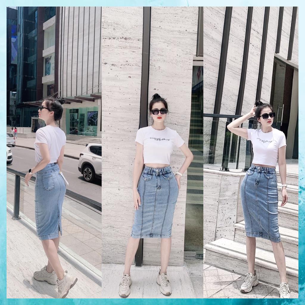 [TH Jeans] Váy bò trơn dáng dài qua gối, váy jeans lưng cao túi chéo phối gân, 2 khuy. Mã V0140
