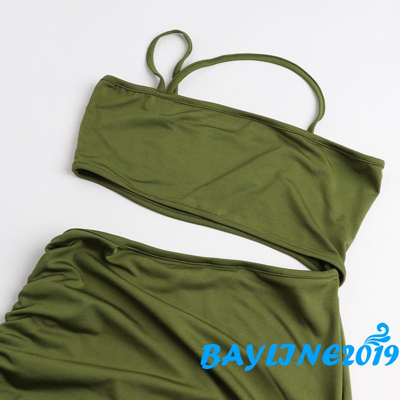 Đầm ôm lệch vai xếp ly màu trơn ôm dáng không tay cho nữ