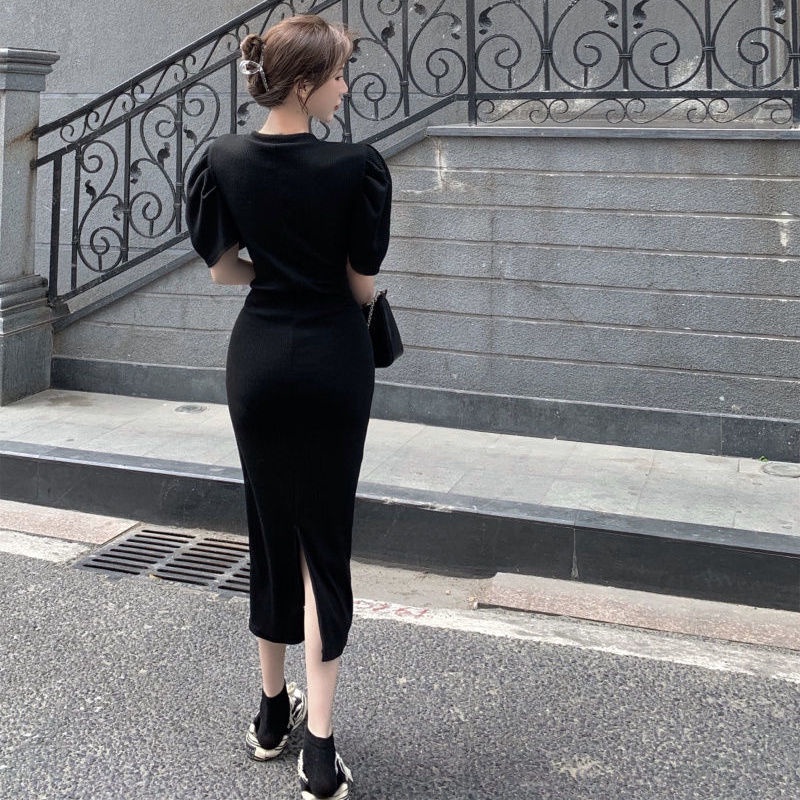 Đầm tay phồng họa tiết kẻ sọc phong cách retro Pháp thời trang mùa hè thanh lịch cho nữ