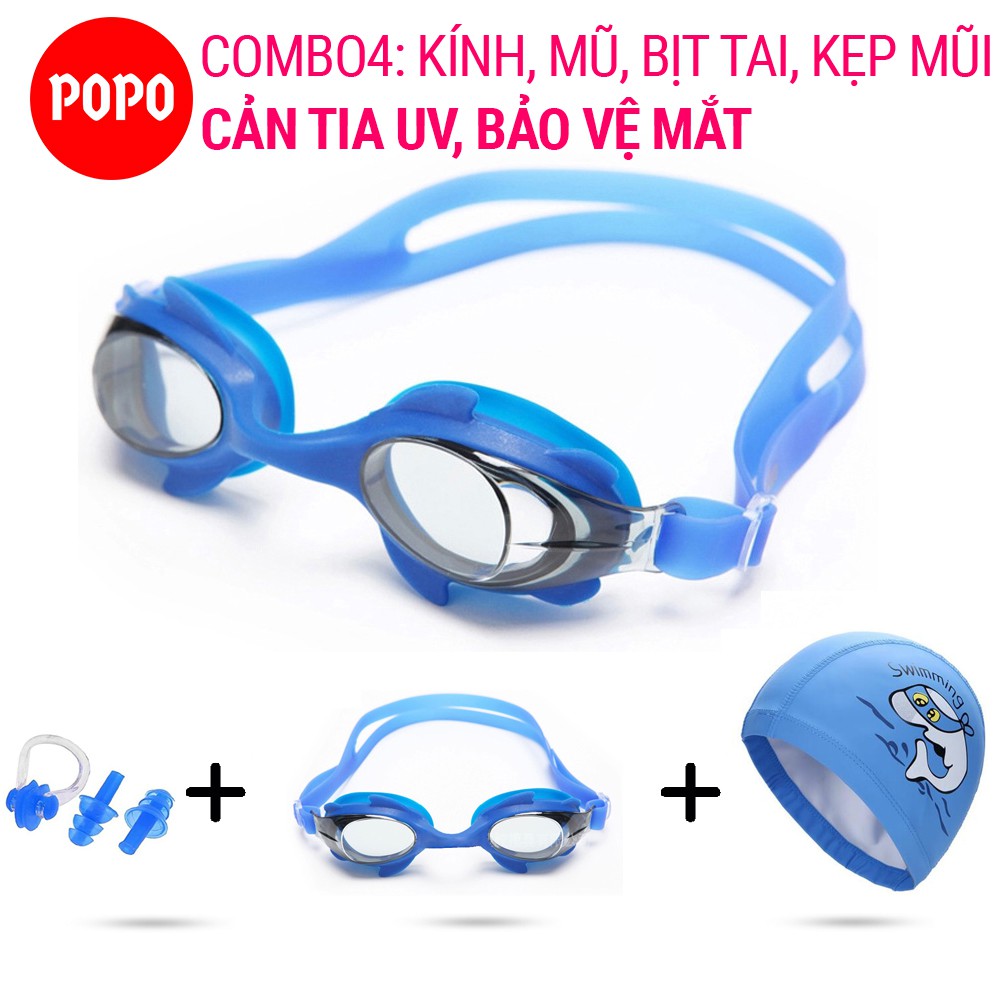 Combo Kính bơi trẻ em, Mũ bơi ngộ nghĩnh, Bịt tai kẹp mũi POPO 1580 mắt kính chống tia UV, chống sương mờ