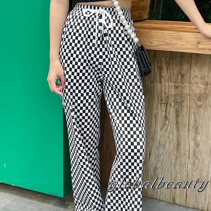 Quần Dài Ống Rộng Họa Tiết Caro Lưng Thun Co Giãn Có Thể Điều Chỉnh Thời Trang Mùa Xuân Cho Nữ 00GB