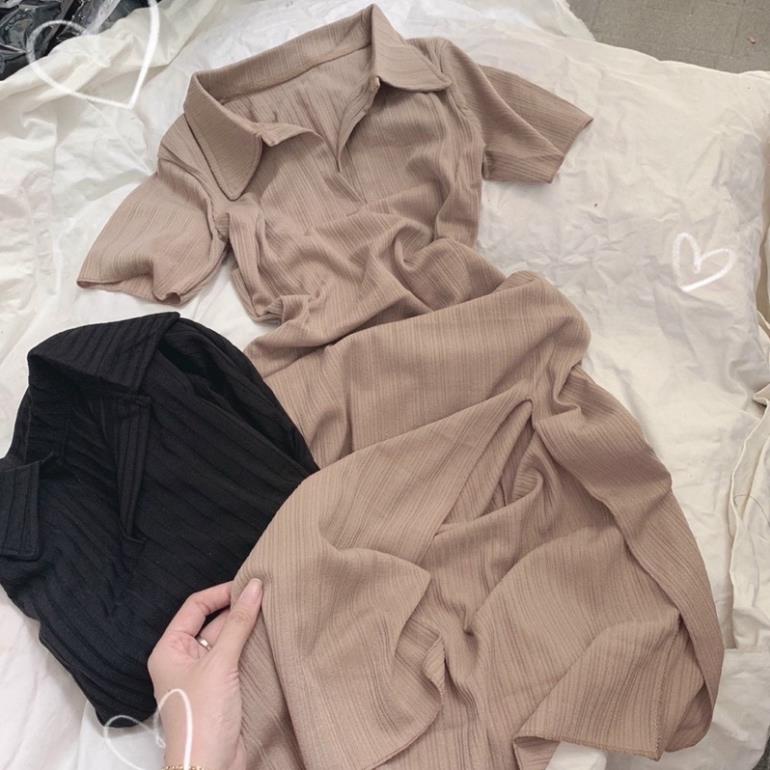 Đầm body thun cổ bẻ xẻ tà 2 màu , váy nữ ôm sát cổ Polo dài qua gối xẻ đùi sexy VANI SHOP